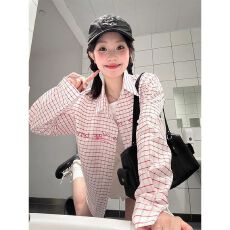 批发国潮牌粉色格子POLO领防晒衬衫<b class='q'>女</b>春夏开衫设计感修身显瘦百搭衬衣