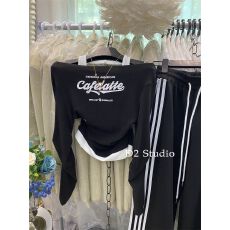 批发韩系新款高腰抽绳松紧腰阔腿裤女侧拼条休闲拖地<b class='q'>运动</b>长裤子套装潮