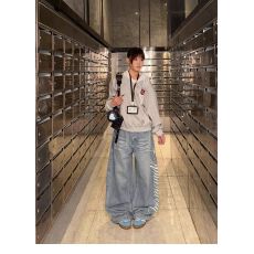 批发美式复古字母印花做旧弯刀牛仔<b class='q'>裤</b>男女设计感宽松阔腿拖地<b class='q'>裤</b>