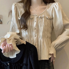 批发大码法式方领长袖衬衫女春装胖mm小衫薄款开衫外套荷叶边别致上衣