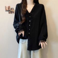 批发大码女装遮肚子蕾丝边V领<b class='q'>亚麻</b>衬衫女冬季胖妹妹宽松显瘦长袖上衣.