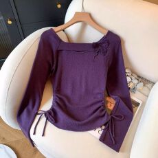 批发紫色立体蝴蝶长袖<b class='q'>打底衫</b>女韩系冬季穿搭<b class='q'>修身</b>外穿内搭抽绳短款上衣