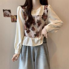 批发法式复古<b class='q'>碎花</b>长袖<b class='q'>衬衫</b>女秋季款大码微胖mm宽松显瘦上衣