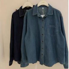 批发复古polo领单排扣洗水仿牛仔衬衫外套叠穿宽松百搭<b class='q'>长袖</b>上衣女