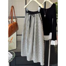 批发韩系复古<b class='q'>条纹</b><b class='q'>半身裙</b>女夏季2025新款高腰显瘦中长款小个子a字伞裙