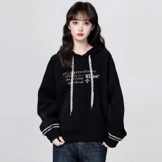 批发美式黑色连帽卫衣<b class='q'>女</b>冬季2025秋季新款字母设计感学生套头带帽上衣