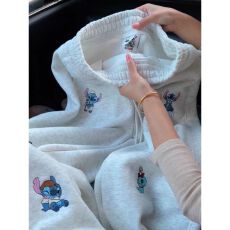 批发港风复古卡通重工刺绣加绒卫裤女<b class='q'>秋</b>冬宽松加厚chic松弛感小众裤子