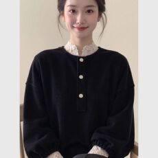 批发新中式女装黑色蕾丝边丝绒上衣2025秋冬百搭显瘦气质减龄国风小衫