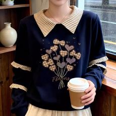 批发美式复古风刺绣翻领长袖卫衣女冬微胖大码设计感假两件减龄上衣