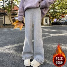 批发加绒保暖灰色花边微喇裤<b class='q'>女</b>秋冬季小个子高腰显瘦<b class='q'>运动</b>裤休闲<b class='q'>长裤</b><b class='q'>女</b>