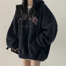 批发<b class='q'>韩国</b>chic秋冬慵懒风宽松加绒加厚字母印花拉链半开领连帽<b class='q'>卫衣</b>外套