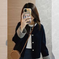 2026春秋季新款高级气质复古格子拼接夹克灯芯绒藏蓝色外套秋冬