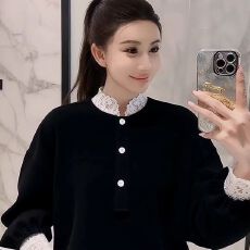 批发休闲黑色蕾丝拼接套头<b class='q'>卫衣</b>女2025新款初冬慵懒风百搭宽松长袖上衣