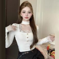批发挂脖方领蕾丝拼接修身打底衫秋冬新款内搭气质性感上衣