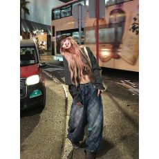 批发美式水洗做旧网格阔腿牛仔裤男女宽松休闲百搭拖地<b class='q'>长裤</b>