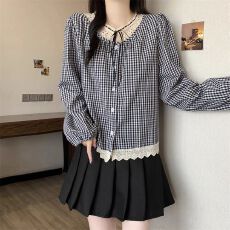 批发法式蕾丝花边长袖格子衬衫女秋季设计感百搭宽松洋气减龄系带衬衣