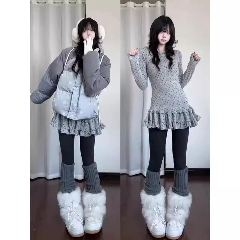가을 겨울 캐주얼 슬림해 보이는 스택 착용 다용도 만나는 레트로 도트 무늬 프릴 몸매 가꾸기 긴팔 티셔츠 한 첨부 된 의류 ins