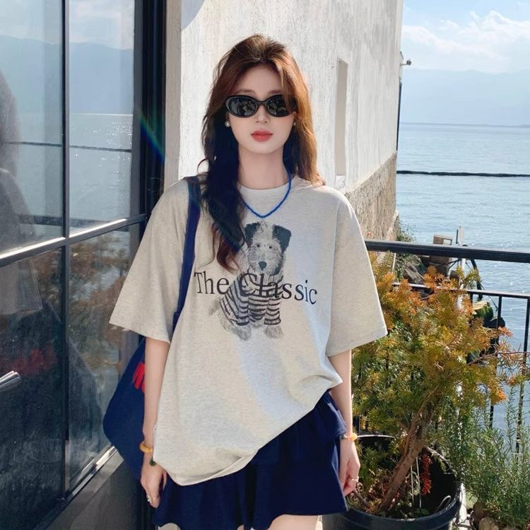 여름 새로운 한 부서 작은 대중 고급 만화 강아지 루즈핏 슬림해 보이는 반팔 기본 셔츠 티셔츠 여성 셔츠 반소매