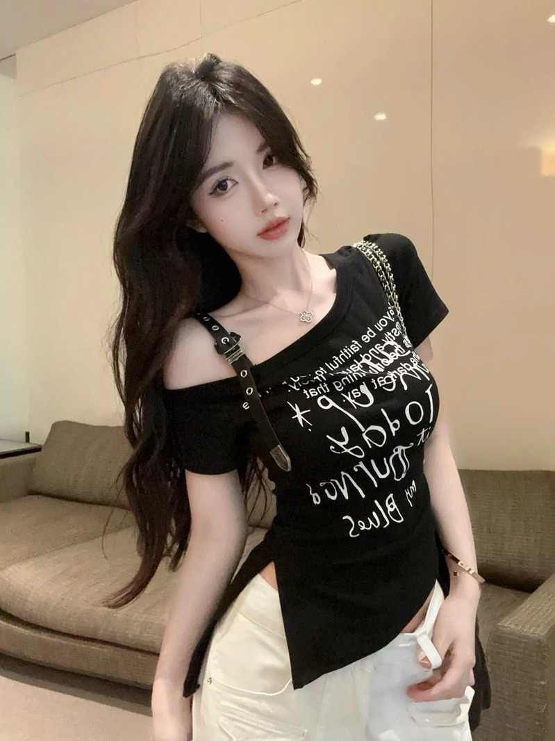 불규칙 비스듬한 어깨 반팔 티셔츠 여성 여름 아메리칸 핫걸 한 단어