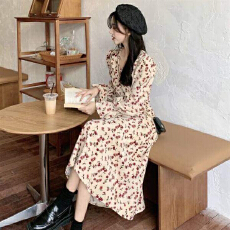 批发气质碎花连衣裙女2025秋装新款设计感小众收腰<b class='q'>显瘦</b>中长款桔