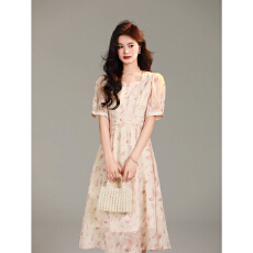 批发新中式精致碎花<b class='q'>连衣裙</b>女2024新款夏季绝美温柔风方领短袖a