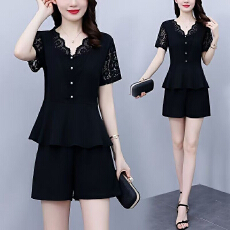 批发<b class='q'>大码</b>女装短袖短裤两件套显瘦遮肚子夏季新款洋气蕾丝花边v