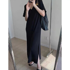 批发韩国新款<b class='q'>连衣裙</b>女夏装大码懒人<b class='q'>开叉</b>长裙高级感宽松休闲v领短袖