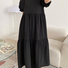 批发韩国chic 法式复古泡泡袖<b class='q'>宽松</b>大摆长款连衣裙