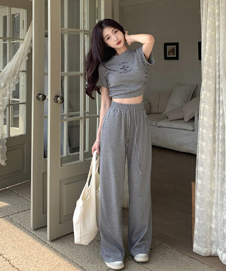 후아 남편 그리드 2026 년 캐주얼 회색 세트 여름 펌프 로프 스트랩 반팔 맨위 넓은 다리 길이 바지 투피스 세트