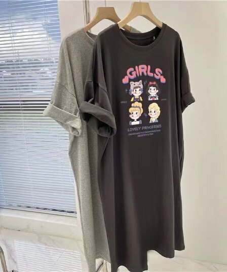 유럽 상품 대 에디션 지방 mm 레트로 반팔 티셔츠 캐주얼 치마 아이들 여름 루즈핏 롱 코트 무릎 아래 빅 사이즈 드레스