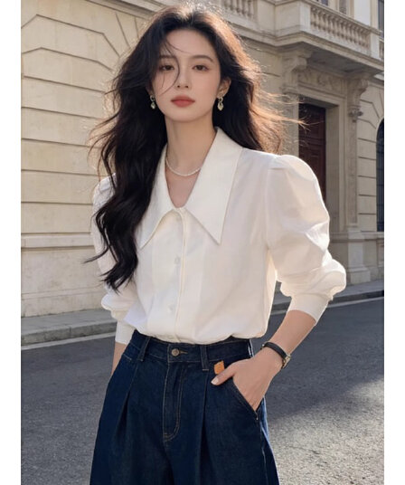 화이트 거품 소매 포인터 칼라 여성 셔츠 봄 가을 고급 센스 루즈핏 다용도