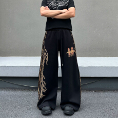 批发美式街头豹纹休闲条纹弯刀裤男女宽松爵士舞运动长裤阔