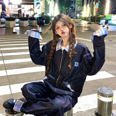 批发美式复古格子拼接牛仔<b class='q'>外套</b>男女秋季情侣宽松翻领<b class='q'>夹克</b>上衣