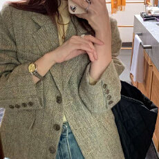 批发复古人字纹毛呢西装<b class='q'>外套</b>通勤休闲小个子女<b class='q'>外套</b>秋冬款百