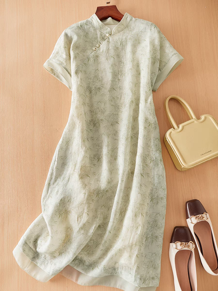 떠 다니는 대나무 그림자 하프 부드럽게 청 유 노래 내가 부유 한 대나무 차가운 주간 도리 편안함 캐주얼 꽃무늬 여성 드레스 여름