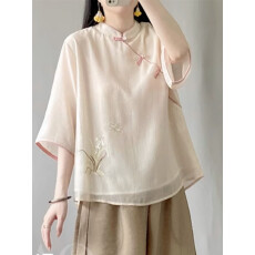 批发中式雪纺绣花衬衫2026<b class='q'>夏季</b>新禅意改良汉服茶服女立领斜襟短款上衣