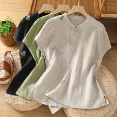 批发实拍新中式葫芦苎棉麻绣花上衣女2026夏款国潮风<b class='q'>女装</b>气质短袖衬衣