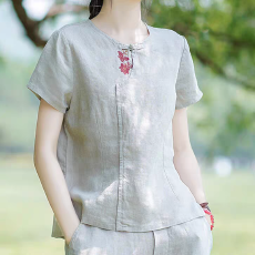 批发中式国风棉麻<b class='q'>T</b><b class='q'>恤</b>复古上衣女夏2025新款宽松短款禅修短袖小衫