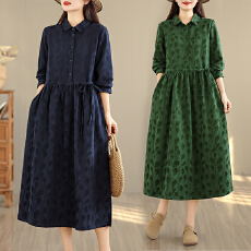 批发实拍森系纯棉孔雀羽提花<b class='q'>连衣裙</b>女春款文艺宽松衬衫裙长袖气质长裙
