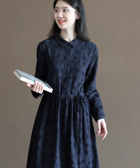 센 부서 순면 공작 깃털 자카드 여성 드레스 가을 의상 새로운 문예 루즈핏 셔츠 드레스 긴팔 품격 롱 스커트