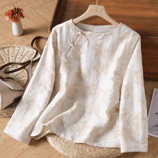 批发新中式长袖棉麻茶服复古国风2025春装新款宽松雨露亚麻提花上衣女