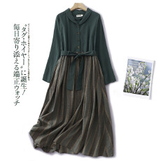 批发2026年春秋款棉麻<b class='q'>连衣裙</b>宽松收腰显瘦长袖遮肚子拼接显瘦减龄裙子