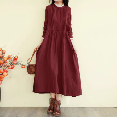 批发2026春秋款文艺气质全棉双层纱蕾丝边长袖<b class='q'>连衣裙</b>舒适休闲长裙