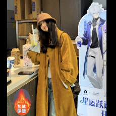 批发大码加绒加厚灯芯绒保暖外套女秋<b class='q'>冬</b>季新款复古百搭长款开衫风衣