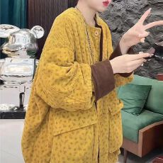 批发韩版冬季夹棉保暖棉衣中长款大码宽松圆领加棉加厚印花灯芯绒外套