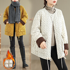 批发实拍冬季夹棉保暖棉衣中长款<b class='q'>大码</b>宽松圆领加棉加厚印花灯芯绒外套
