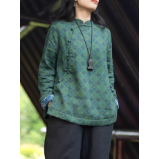 批发复古香云亚麻棉印花新中式上衣女  冬款立领盘扣加绒保暖棉服小衫