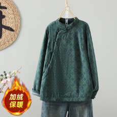 批发实拍复古香云亚麻棉印花中式上衣女冬款立领盘扣加绒保暖棉服小衫