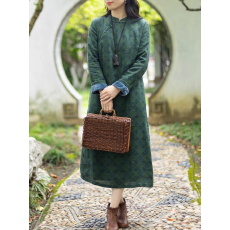 批发复古重工香云印花<b class='q'>亚麻</b>棉加绒新中式连衣裙女冬款显瘦加厚改良旗袍