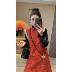 批发红红火火拜年马甲裙新中式国风提花刺绣旗袍裙夹棉加厚喜庆连衣裙